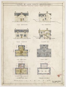 Lodge at Glen Muich.
Drawing of elevations, section and plans.
Titled: 'Lodge at Glen Muich. Aberdeenshire' 'Back elevation' 'Front elevation' 'Side elevation' 'Section AA' 'Roof Plan' 'Ground Floor Plan' 'Foundation plan' 'Mills and Shepherd. FFRIBA, 10 Tay Square. Dundee. February. 1924'.
