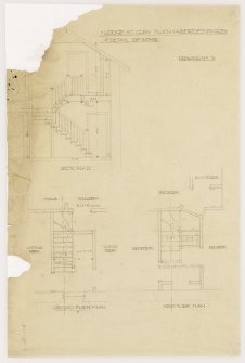 Lodge at Glen Muich.
Drawing of stairs.
Titled: 'Lodge at Glen Muich. Aberdeenshire. 1/2" Detail of stair. Drawing No.3' 'Section A.D' 'Ground Floor Plan' 'First Floor plan'.