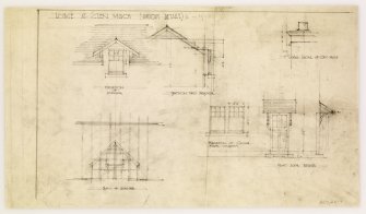 Lodge at Glen Muich.
Drawing of various details.
Titled: 'Lodge at Glen Muich' 'Various details' '1/2": 1 foot' 'Elevation of dormer' 'Section thro' dormer' '1"scale detail of chimney head' 'Plan of dormer' 'Elevation of crown floor windows' 'Front door details'.