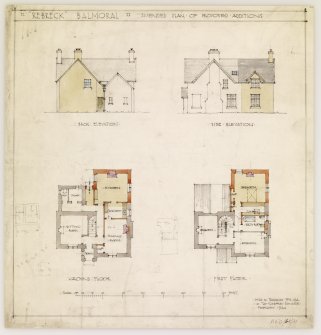 Balmoral Estate.
Drawing of amended plan of proposed additions.
Titled: 'Rebreck Balmoral. Amended plan of proposed additions' 'Back elevation' 'Side elevation' 'Ground Floor' 'First Floor' 'Mills and Sheperd FF R.I.B.A, 10 Tay Square, Dundee, 1st September, 1924'.
