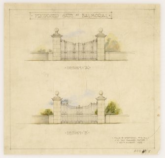 Balmoral Castle.
Drawing of proposed gates.
Titled: 'Proposed Gate at Balmoral' 'Design A' 'Design B' 'Mills and Sheperd FF R.I.B.A, 10 Tay Square, Dundee. 20th Aug, 1924'.
