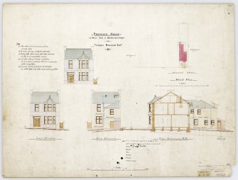 Aberdeen, Bon Accord Street, General.
Plans, elevations, and sections for proposed house on Bon Accord Street.
Insc: 'Proposed house on West Side of Bonaccord Street for Thomas Maclean Esquire -1891-. Block Plan, Front Elevation, Back Elevation, Cross Section on line A.B'.
