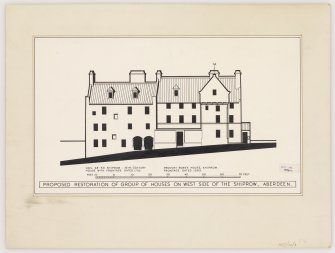 Aberdeen, 48-50 Shiprow, Provost Ross's House.
Elevation of proposed restoration.
Plan insc. 'Proposed restoration of group of houses on West side of Shiprow, Aberdeen. Nos. 48-50 Shiprow: 16th Century house with frontage dated 1710. Provost Ross's House, Shiprow: frontage dated 1593.' Delt. J. Fenton Wyness 1948