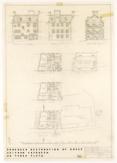 Aberdeen, 48 Shiprow, Provost Ross's House.
Plans and elevations of proposed division of the Provost's House into flats.
Insc: 'Proposed Restoration Of House, Shiprow, Aberdeen, As Three Flats. Elevation To Shiprow. Rear Elevation. Section A.A. Second Floor. Top Floor. First Floor. Ground Floor'.