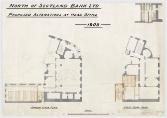 Aberdeen, 5 Castle Street, North of Scotland Bank Ltd.
Scale drawing of proposed alterations at head office.
Title: 'North of Scotland Bank Ltd. Proposed alterations at Head Office.1908'.
Insc: 'Ground Floor Plan: First Floor Plan'.