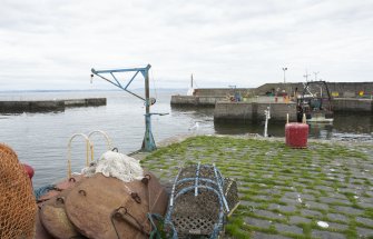 Port Seton Harbour, view of winch and harbour entrance.