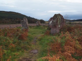 View from the NNE of the N stone (foreground), the middle orthostat (centre left) and the S orthostat (background) 