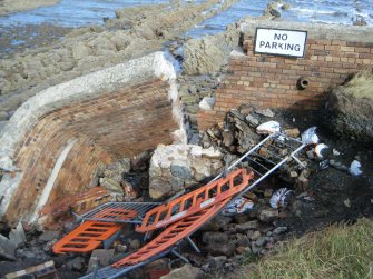 Archaeological evaluation, General view of collapsed sea wall, Joppa Salt Pan Works