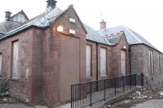 Historic building recording, External view of the 2 doors on the central part of the E elevation 2nd phase, Wellbraehead Primary School, Forfar
