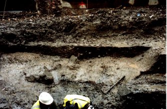 Data structure report plate 4: 'E facing section through ditch 95 at W end of 143', Archaeological excavation, St. Patrick's Church, Cowgate, Edinburgh
