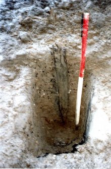 Data structure report plate 8: 'Stake 12 looking W', Archaeological excavation, St. Patrick's Church, Cowgate, Edinburgh