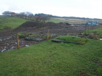 View from the SW of the remains of the grass-grown concrete platforms forming a line S of the unnamed burn