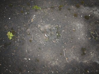 Part of the ring of a mooring bolt emerging from a cement filled square socket set in the floor of a hangar