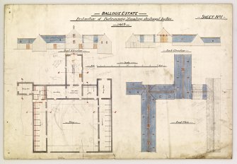 Plan and elevation of steading restoration (destroyed by fire).