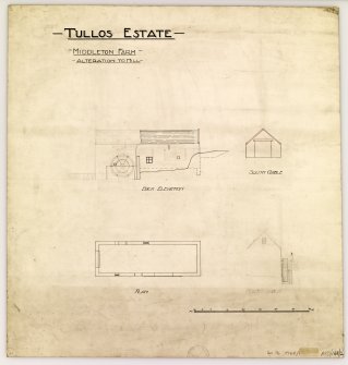 Aberdeen, Tullos Estate, Middleton Farm
Elevation and floor plan for alterations to Middle farm mill.
Title: 'Tullos Estate Middleton Farm Alteration to Mill'.