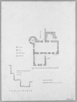 Aboyne Castle.
Plan and details of earlier house showing different stages of construction.
Titled: 'Aboyne Castle, Aberdeenshire' 'Entrance doorway surrounded, First Floor, N.E Tower'.