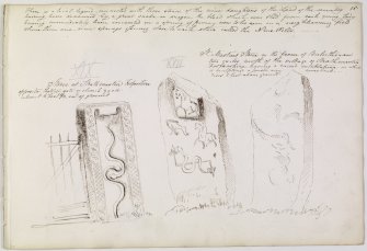 Annotated drawing of the reverse and obverse of the Balluderon cross-slab and Strathmartine recumbent grave-slab. From the James Skene sketch album, page 15.