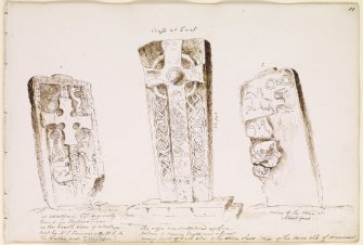Annotated sketches of the Woodray and Crieff cross slabs. James Skene album, page 11.