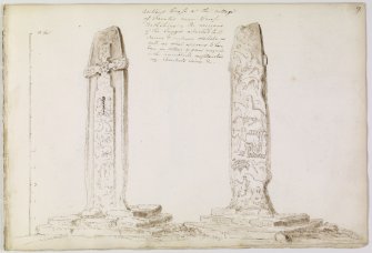 Annotated drawing of both faces of cross slab, from album, page 9.