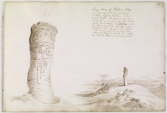 Annotated drawings of the Keillor symbol stone stone from the James Skene album, page 21. One illustrates the stone and its symbols, and the other shows the stone in the landscape.