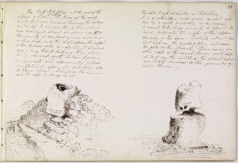 Drawings of Ingri cross-base and Leslie bull-stone (described as cross-base), showing locations.
Skene, Drawings of Ancient Mons, 1832
SAS 464 f.28