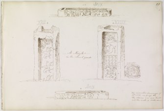 Annotated drawing of Meigle stones Nos.9 and 11 showing both sides of stones. From album, page 25.