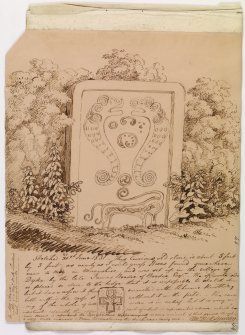 Drawing of the Rodney Stone cross slab, from album by J Skene, p.43