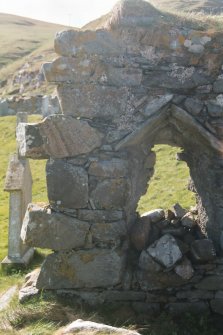 Historic building survey, Building No. 3, S wall interior, detail of E window, facing S, Cille-Bharra Church Group, Eoligarry, Barra