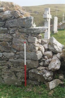 Historic building survey, Building No. 3, S wall interior, collapsed masonry and internal quoins at SW corner of primary building, facing SE, Cille-Bharra Church Group, Eoligarry, Barra