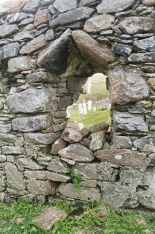 Historic building survey, Building No. 3, S wall interior, detail of W window, facing S, Cille-Bharra Church Group, Eoligarry, Barra