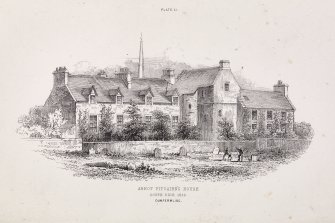 Plate XI from P Chalmers, 'Historical and Statistical Account of Dunfermline' showing 'Abbot Pitcairn's House. South side 1856. Dunfermline'.