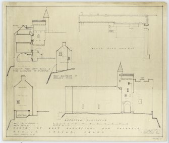 Drawing showing block plan, section, entrance elevation, W elevation, W elevation of butler's house, and detail of W entrance, Airlie Castle.