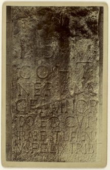 Detailed view of inscribed stone annotated on back 'Hoddam Church'.
