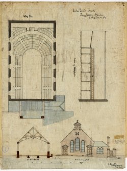 Alteration & additions, Lochee Old Parish Church, Methven Street, Dundee.
Gallery front elevation and plan, elevation & section of hall.