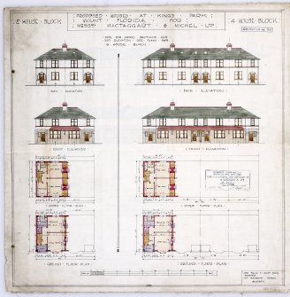 King's Park Housing Estate.
Mactaggart and Mickel House Type.
Plans and elevations of 2 and 4 house blocks at King's Park.
Titled: 'Proposed Houses At King's Park: Mount Florida. For Messrs Mactaggart & Mickel Ltd'.
Insc: 'James Taylor. F.I.Archts (Scot) Architect 166 Buchanan Street, Glasgow'  'Application No.34'.
'Signed and annotated as approved by Glasgow Corporation Housing etc 10.9.1925'.
