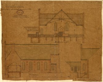 Section through transepts, north elevation, west elevation of vestry of Clepington Church, Main Street, Hilltown, Dundee.