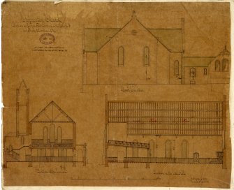 Back elevation, longitudinal section and transverse section of Clepington Church, Main Street, Hilltown, Dundee.