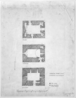 Survey drawing; phased ground, entresol and first floor plans, Covington Tower