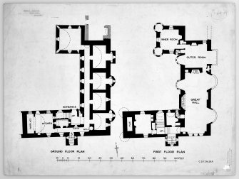 Publication drawing; phased ground and first floor plans of the  Earl's Palace, Kirkwall.