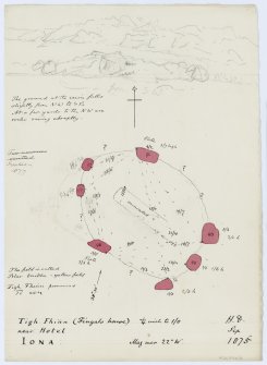 Drawing showing perspective sketch and plan of 'Tigh Fhinn', Blar Buidhe cairn, Iona. 