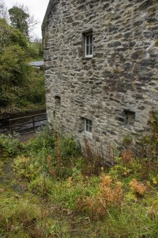 View of rebuilt carding mill to south of Bridgend/Redhouses woollen mill. Site of waterwheel on its south wall. 