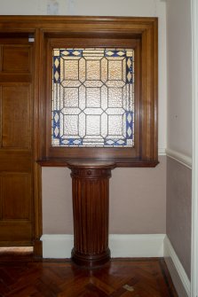 Third floor. Board room. Detail of stained glass. and plinth in corridor
