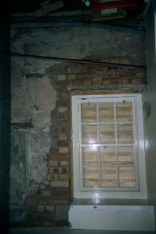 Historic building recording, 1st floor N wall, W end, modern window, 126-128 High Street, Dunbar