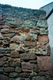 Historic building recording, N wall, detail of upper coursing and quoins, Walls to the rear of 126-128 High Street, Dunbar