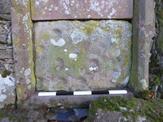 Digital photograph of panel in context with scale, Scotland's Rock Art Project, Balnuarin of Clava Garden Wall, Highland