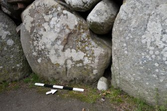 Digital photograph of panel in context with scale, Scotland's Rock Art Project, Balnuarin of Clava South West Centre 2, Highland