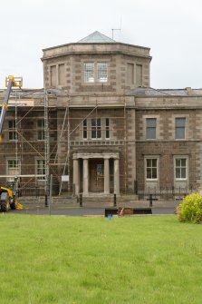Detail of main entrance with portico and octagonal tower