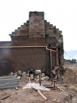 Historic building survey addendum, Exterior of Building B, facing W, showing brick skin below chimney stack, Marine Hotel, 18 Cromwell Road, North Berwick, East Lothian