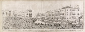 Drawing of Picardy Place with 73 York Place on left centre and St Paul's Episcopal Church in background.
Titled: 'View of the Royal Procession advancing by Picardy Place, from the Barrier where the Keys of the City were delivered by the Lord Provost to his majesty: 15th of August 1822'.