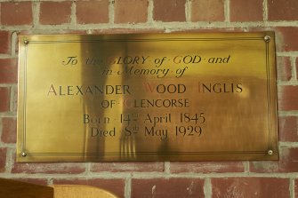 View of brass plaque to the memory of Alexander Wood Inglis of Glencorse d.1929